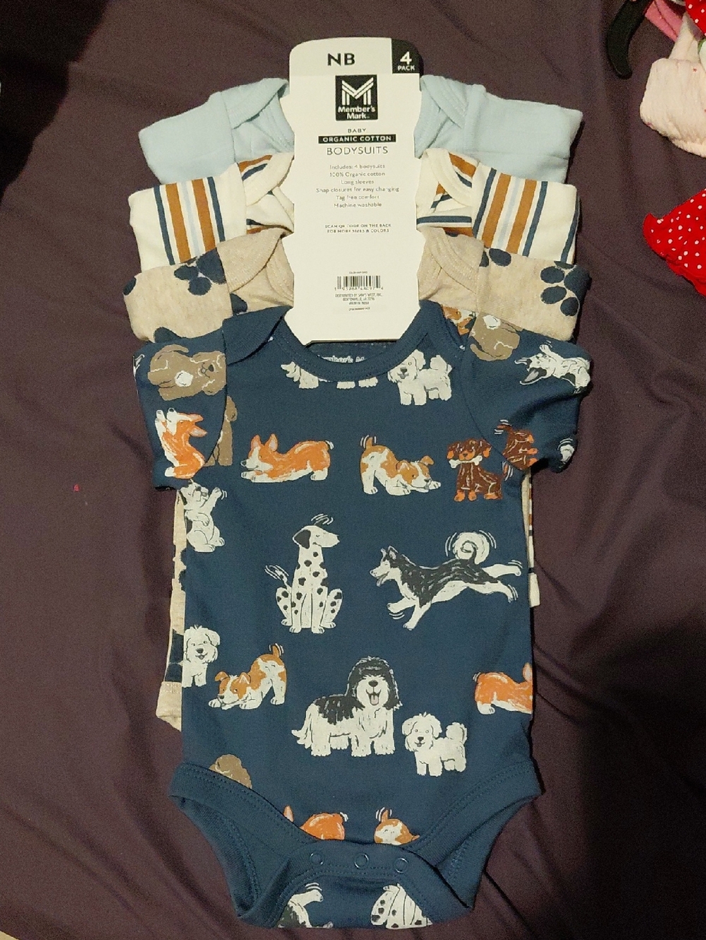 Member's Mark Baby Blue Dog Print Organic Cotton Bodysuit 4-Pack (NB)